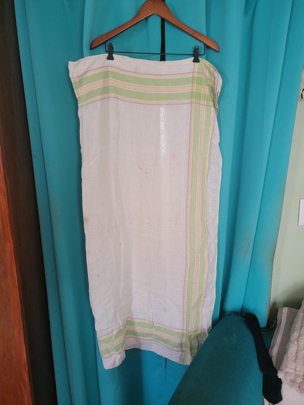 Lightweight Off White Casual Table Linen with Green Stripe